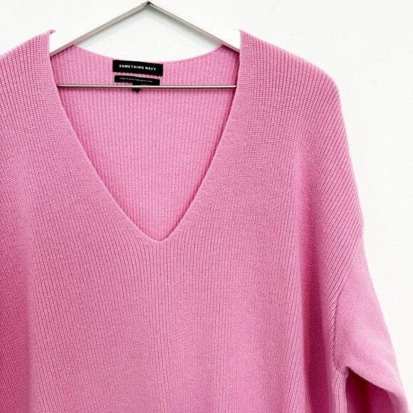 Something Navy Wool V-Neck Ribbed Knit Sweater Winter Preppy Luxury Pink Large - Picture 3 of 9